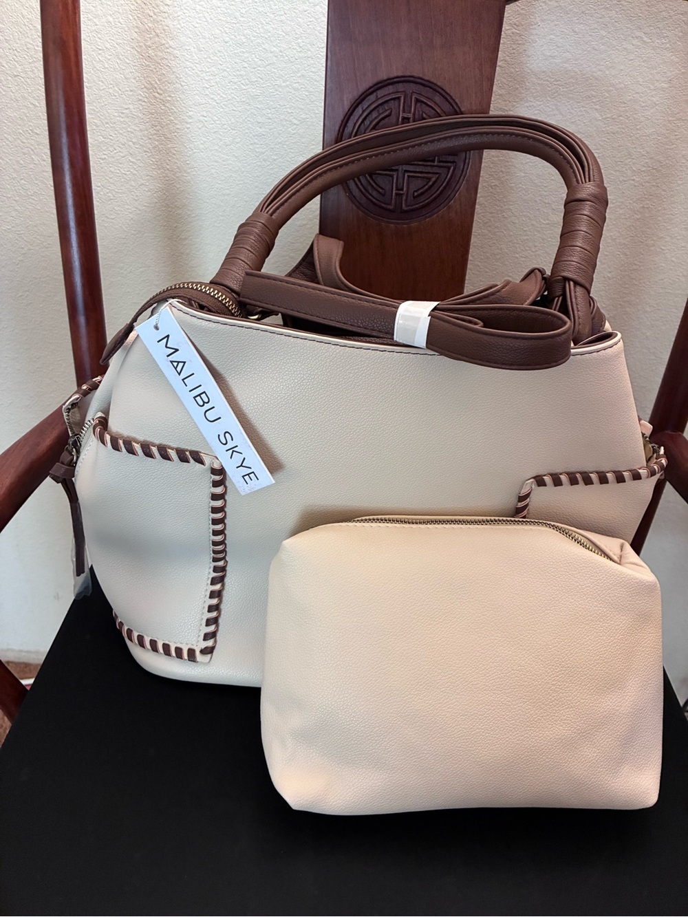 Malibu Cream and Brown Tote with Detachable Cream Pouch